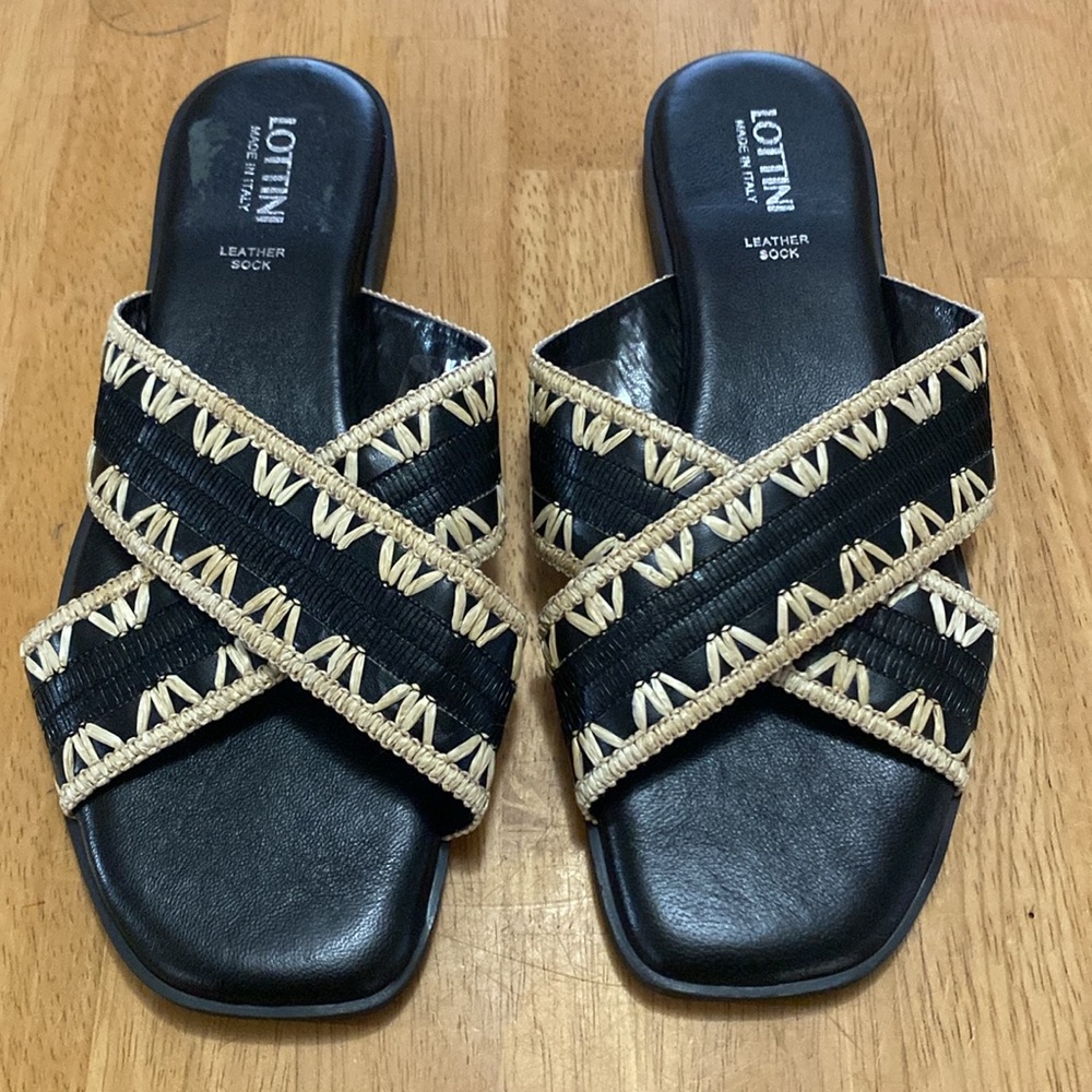 Black Leather Cross-Strap Slide Sandals with Beige Trim